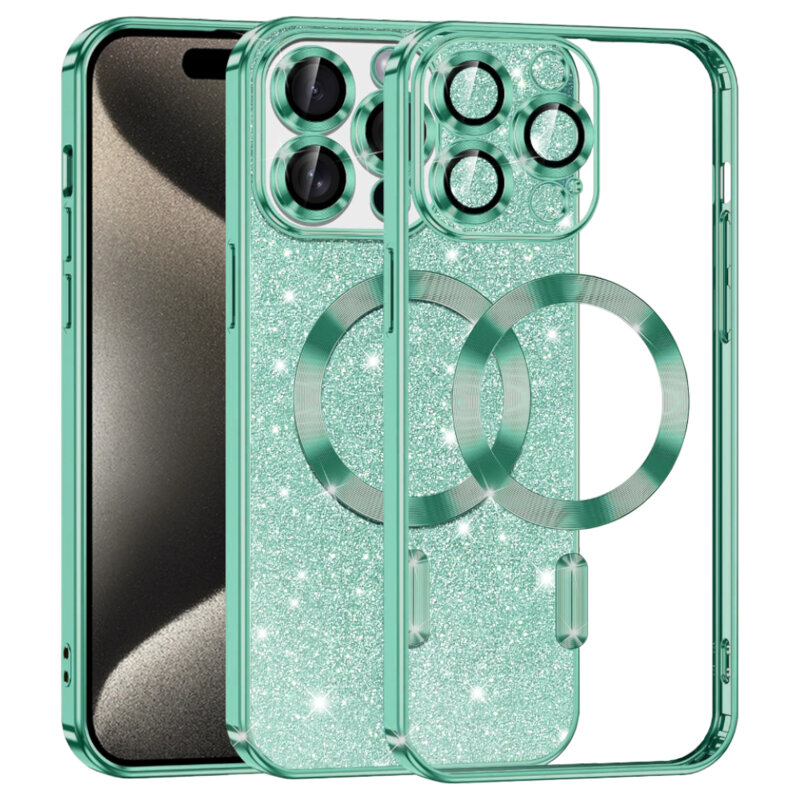 Husa premium iPhone 15 Pro Max Techsuit Luxury Glitter MagSafe, verde deschis