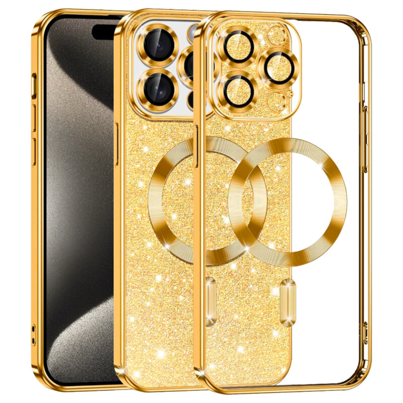 Husa premium iPhone 15 Pro Max Techsuit Luxury Glitter MagSafe, auriu