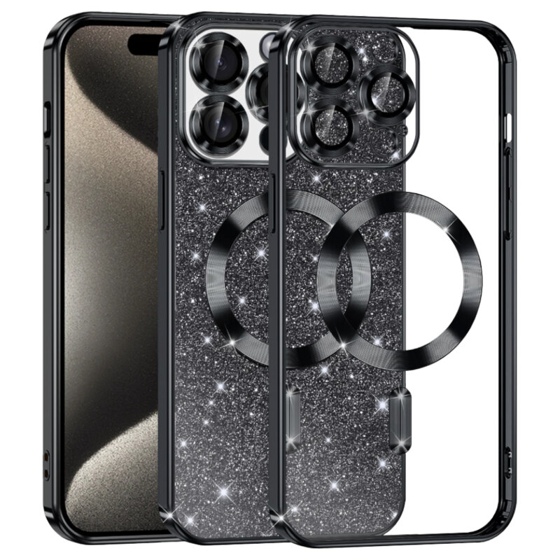 Husa premium iPhone 15 Pro Max Techsuit Luxury Glitter MagSafe, negru