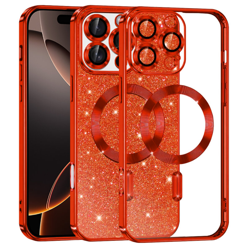 Husa premium iPhone 16 Pro Techsuit Luxury Glitter MagSafe, rosu