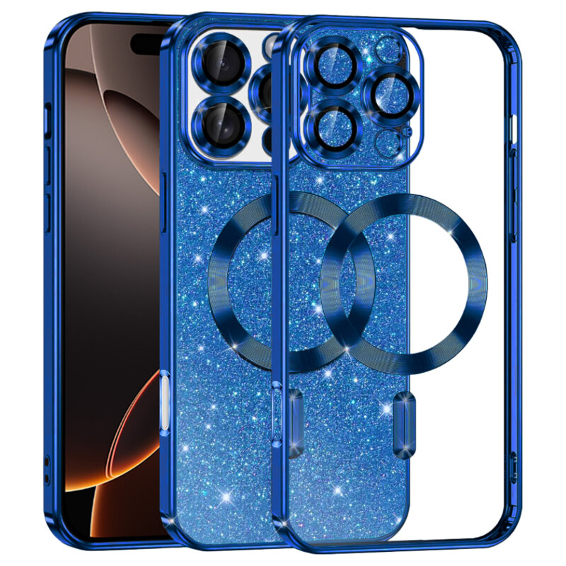 Husa premium iPhone 16 Pro Techsuit Luxury Glitter MagSafe, albastru