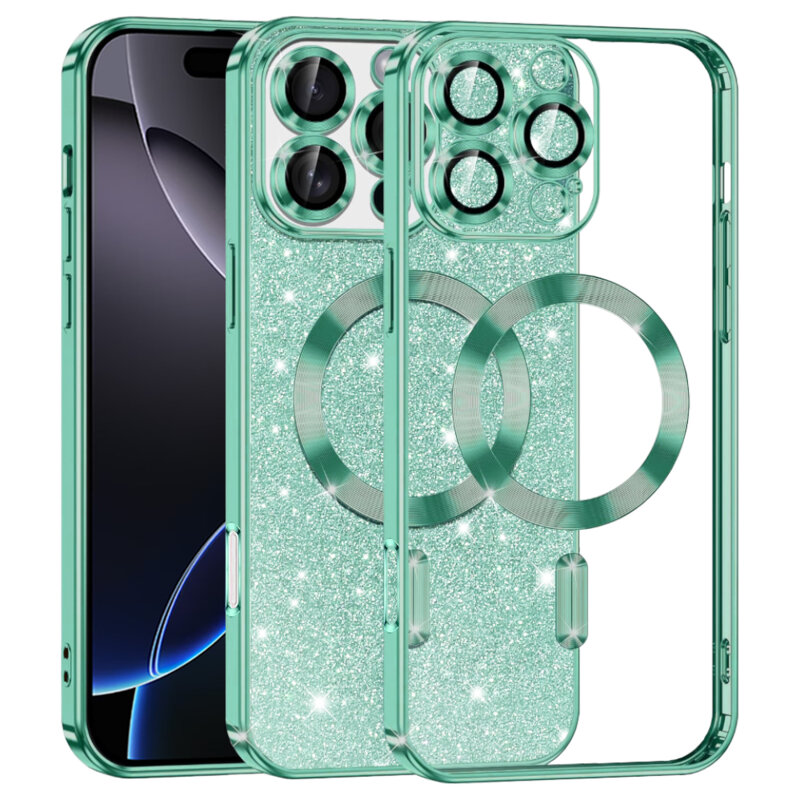 Husa premium iPhone 16 Pro Max Techsuit Luxury Glitter MagSafe, verde deschis