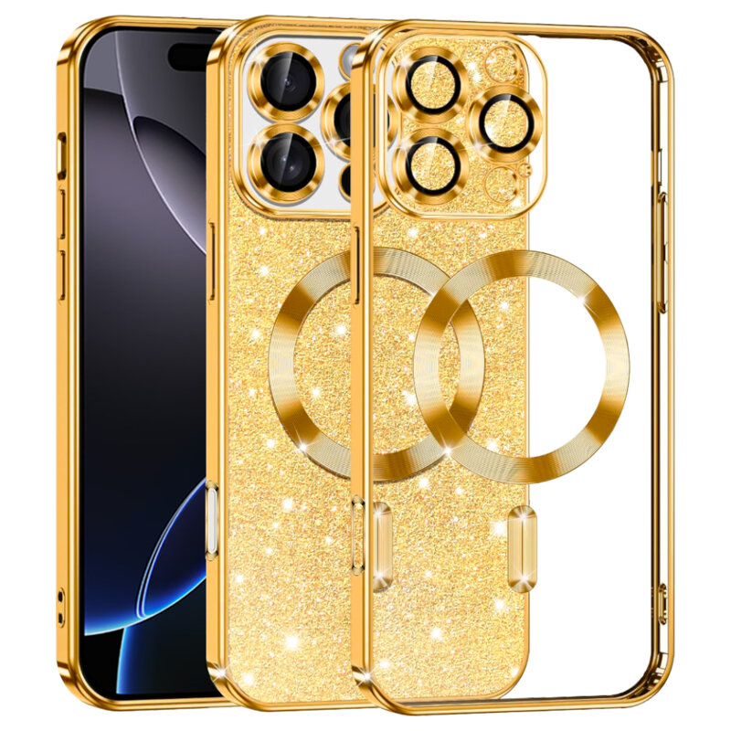 Husa premium iPhone 16 Pro Max Techsuit Luxury Glitter MagSafe, auriu