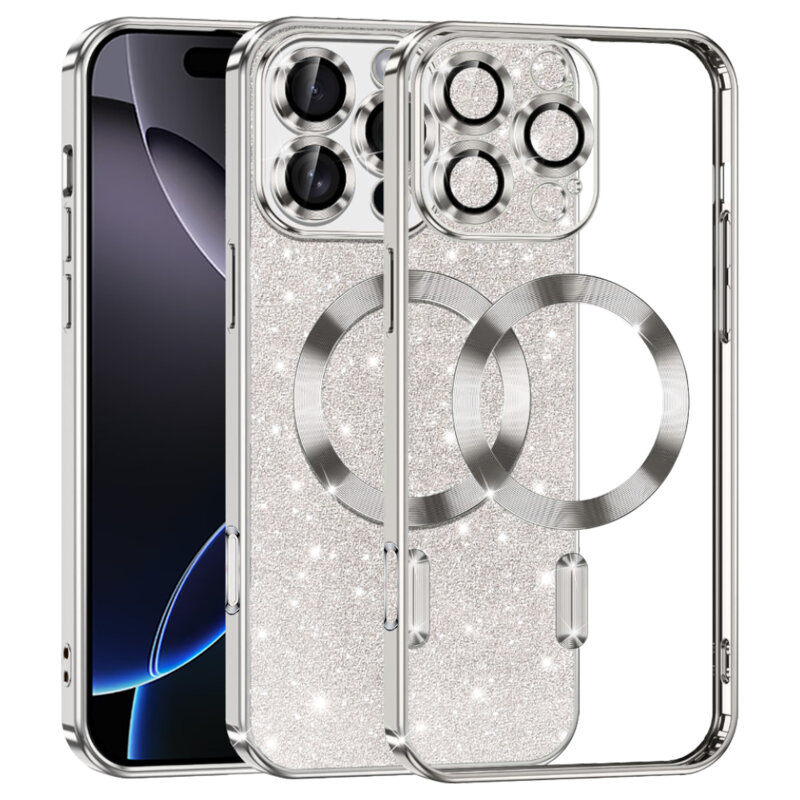 Husa premium iPhone 16 Pro Max Techsuit Luxury Glitter MagSafe, argintiu