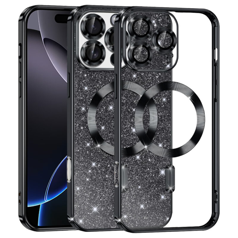 Husa premium iPhone 16 Pro Max Techsuit Luxury Glitter MagSafe, negru