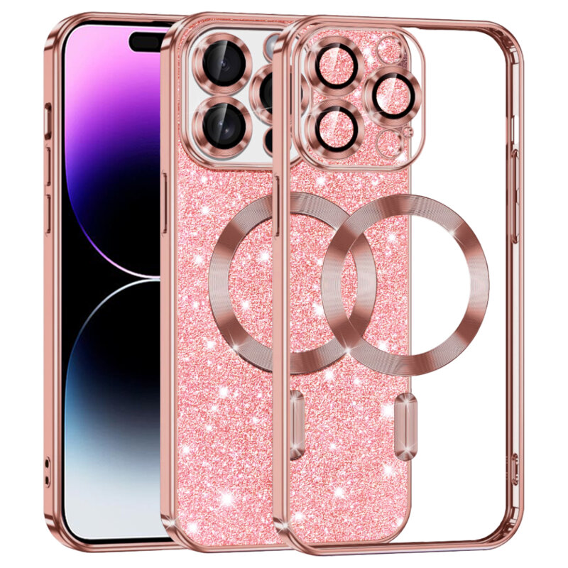 Husa premium iPhone 14 Pro Max Techsuit Luxury Glitter MagSafe, roz auriu