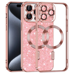 Husa premium iPhone 15 Pro Techsuit Luxury Glitter MagSafe, roz auriu