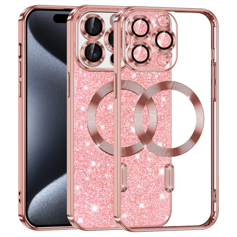 Husa premium iPhone 15 Pro Techsuit Luxury Glitter MagSafe, roz auriu