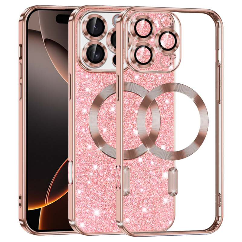 Husa premium iPhone 16 Pro Techsuit Luxury Glitter MagSafe, roz auriu