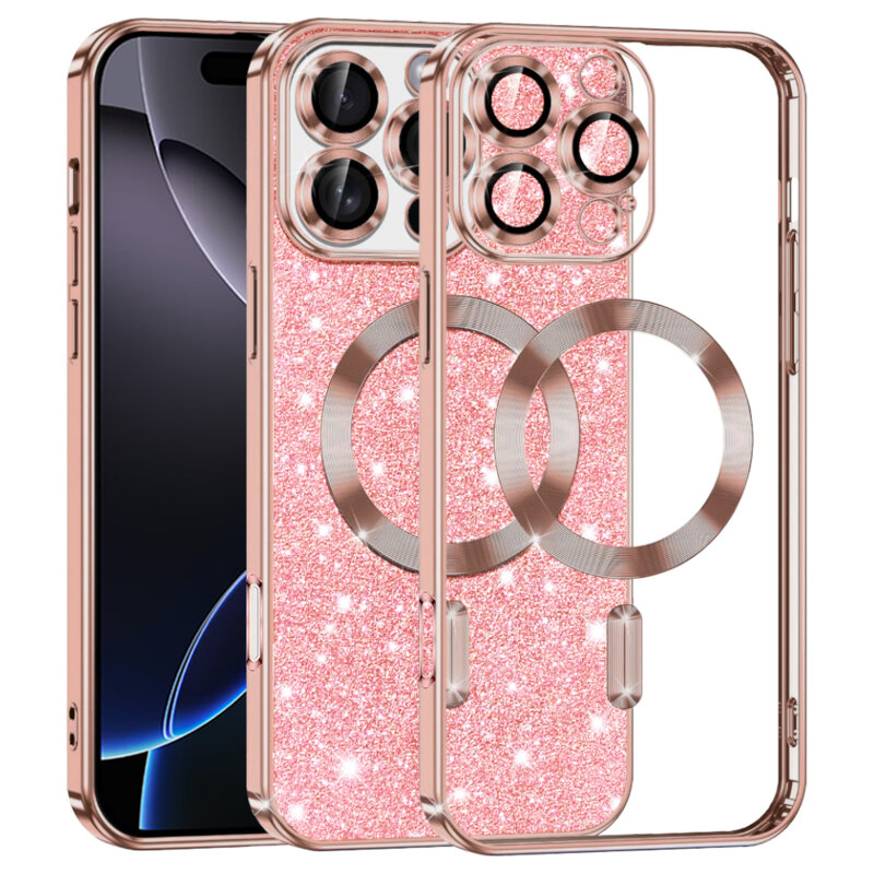 Husa premium iPhone 16 Pro Max Techsuit Luxury Glitter MagSafe, roz auriu