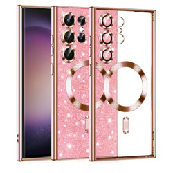 Husa premium Samsung Galaxy S23 Ultra Techsuit Luxury Glitter MagSafe, roz auriu