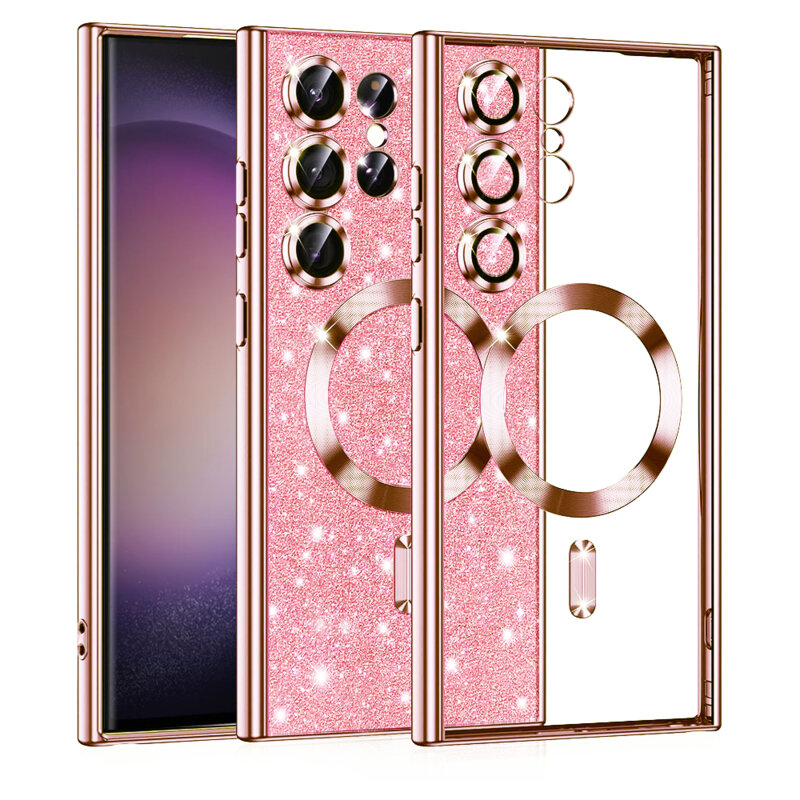 Husa premium Samsung Galaxy S23 Ultra Techsuit Luxury Glitter MagSafe, roz auriu