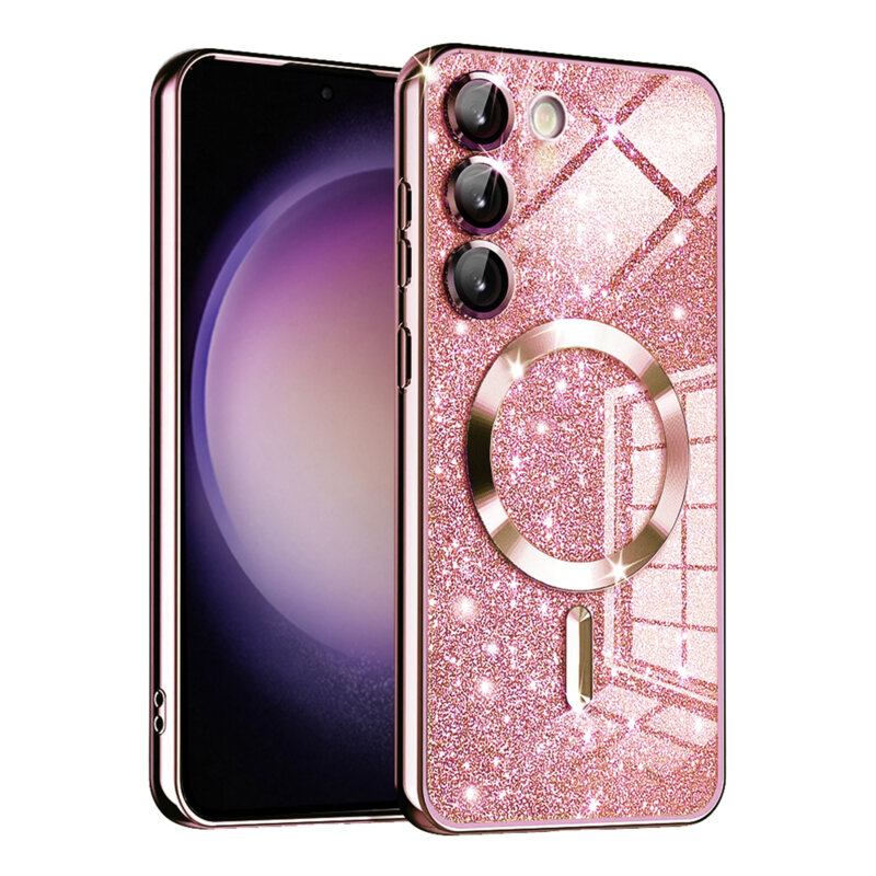 Husa premium Samsung Galaxy S23 Techsuit Luxury Glitter MagSafe, roz auriu