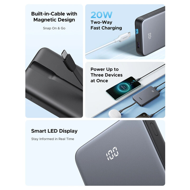 Baterie externa USB, Type-C 10000mAh Ugreen, 20W, gri, PB526