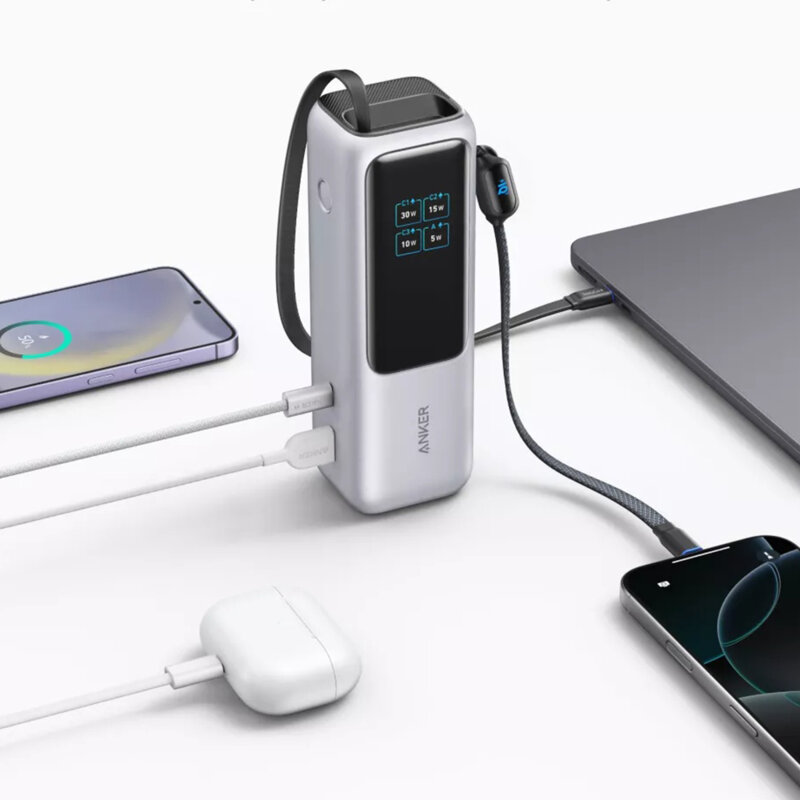 Baterie externa 25000mAh, 165W cu 2x Cablu Type-C Anker, argintiu