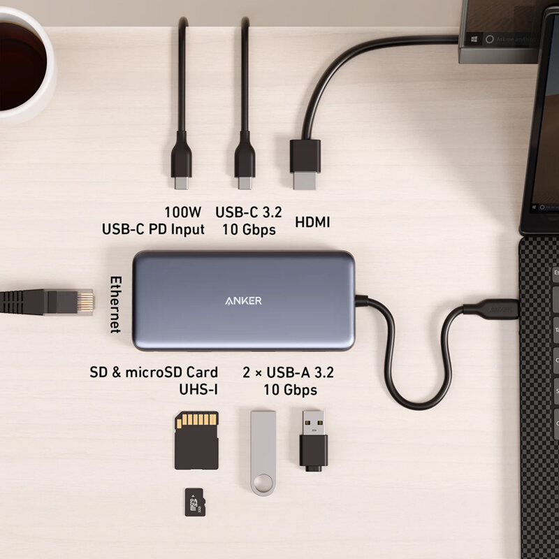 Hub 8in1 Type-C, HDMI, SD, Ethernet Anker, PD85W, 10Gbps, gri