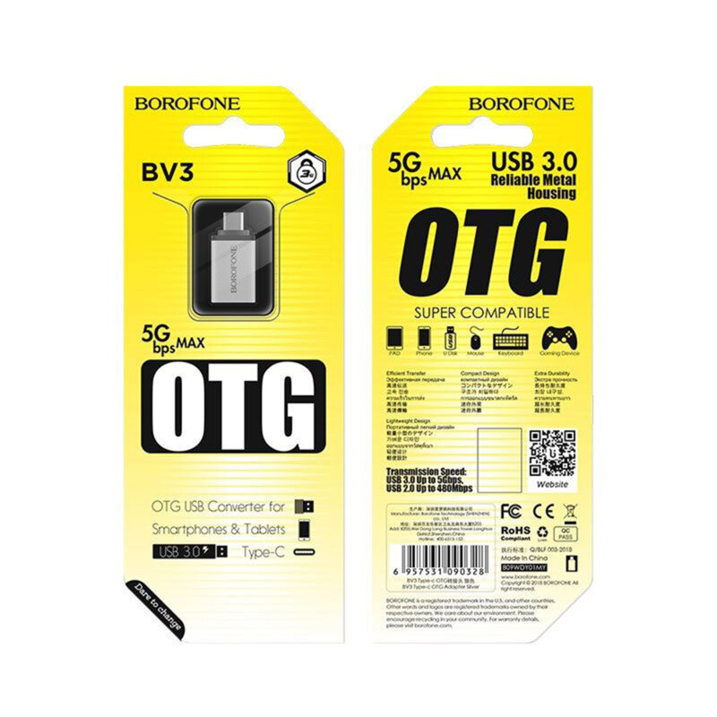 Adaptor OTG USB-C la USB-A, 5Gbps, Borofone BV3, argintiu