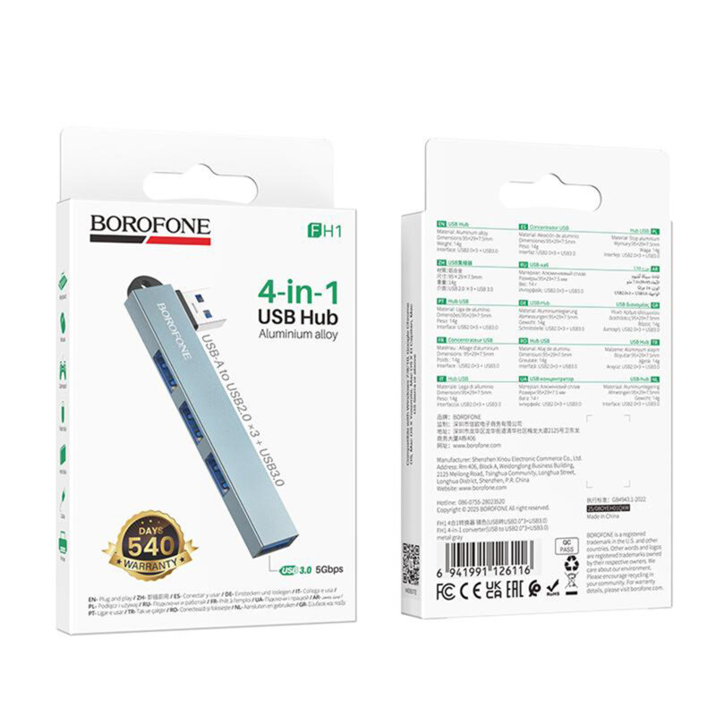Hub USB 4 in 1, 3x USB 2.0, 1x USB 3.0, Borofone FH1, gri