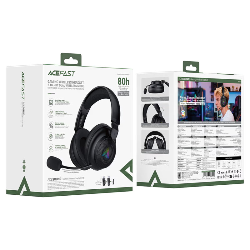 Casti gaming cu RGB si microfon BT6.0, 2.4G, AUX Acefast H15