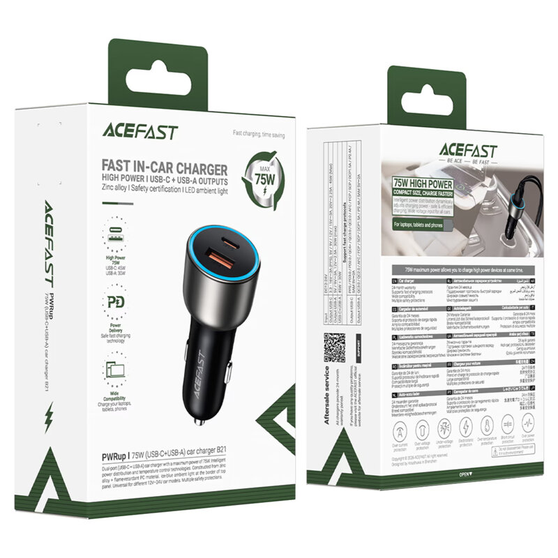 Incarcator DC 12-24V USB, Type-C, 75W cu LED Acefast B21, gri