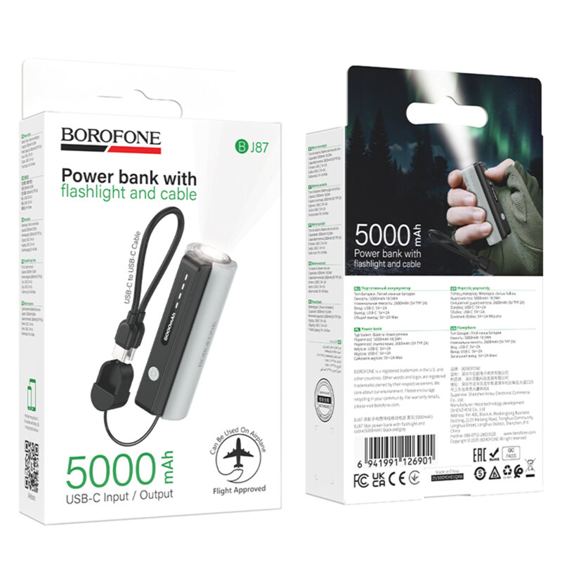 Power bank 5000mAh, cablu USB-C, lanterna, Borofone Star, BJ87