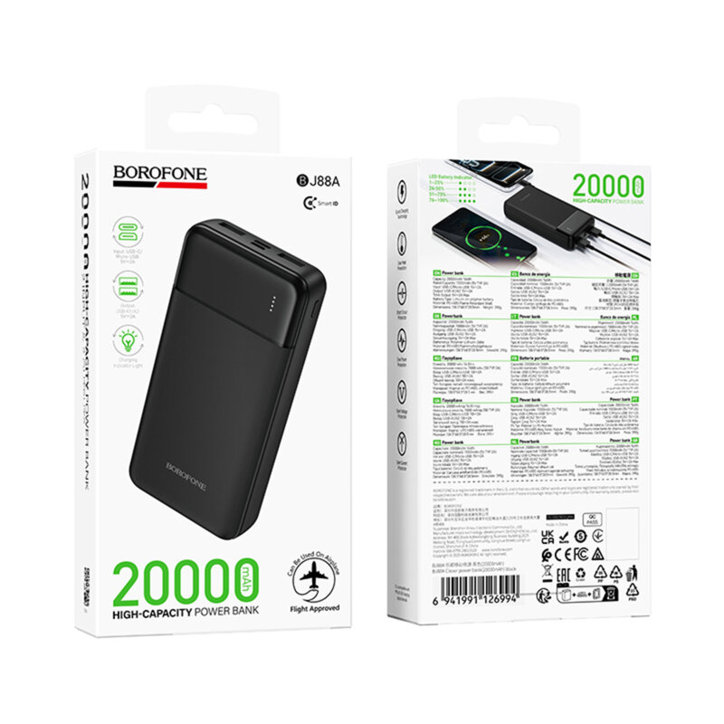 Power Bank 20000mAh, 2x USB-A, USB-C & Micro-USB, Borofone Clever, BJ88A