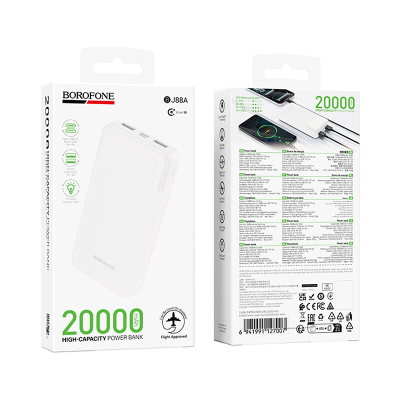 Power Bank 20000mAh, 2x USB-A, USB-C & Micro-USB, Borofone Clever, BJ88A