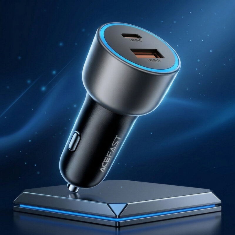 Incarcator DC 12-24V USB, Type-C, 75W cu LED Acefast B21, gri