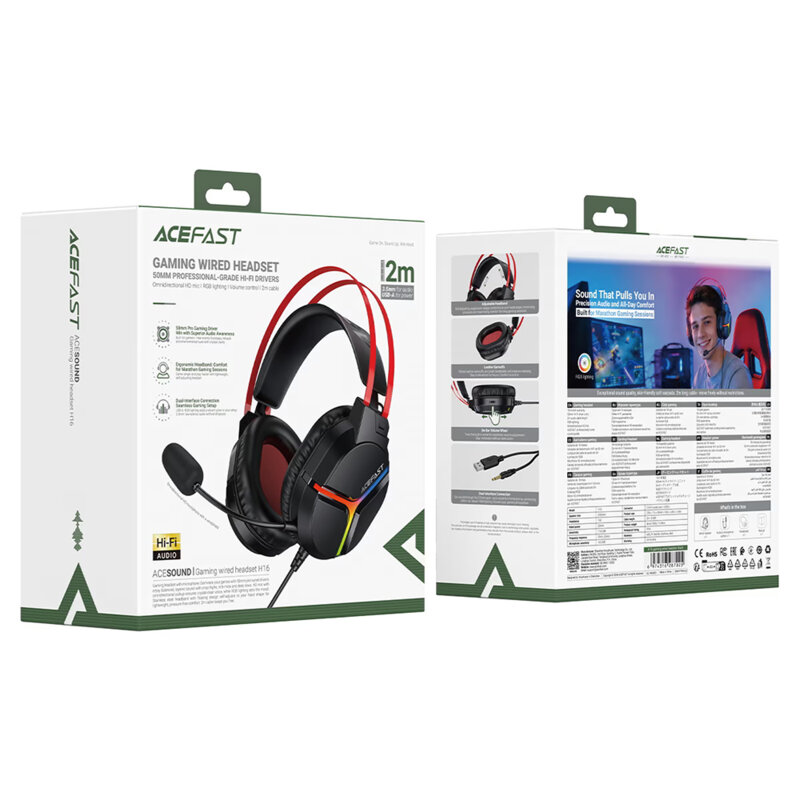 Casti gaming cu fir, RGB si microfon flexibil Acefast H16, 2m