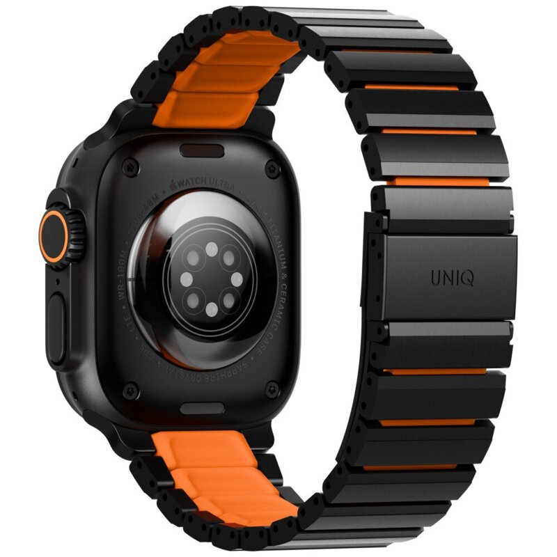 Curea Apple Watch 11 46mm din otel UNIQ Strova Flex, negru/oranj