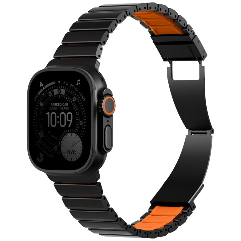 Curea Apple Watch 11 46mm din otel UNIQ Strova Flex, negru/oranj