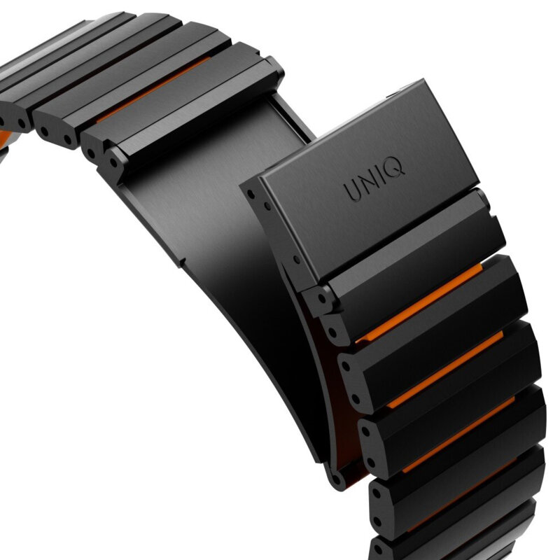 Curea Apple Watch 11 46mm din otel UNIQ Strova Flex, negru/oranj