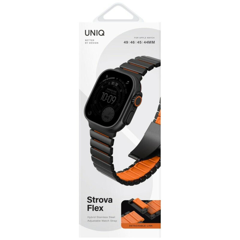 Curea Apple Watch 11 46mm din otel UNIQ Strova Flex, negru/oranj