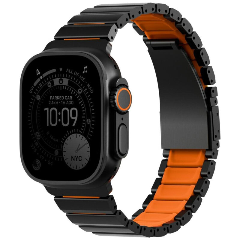 Curea Apple Watch 7 45mm din otel UNIQ Strova Flex, negru/oranj