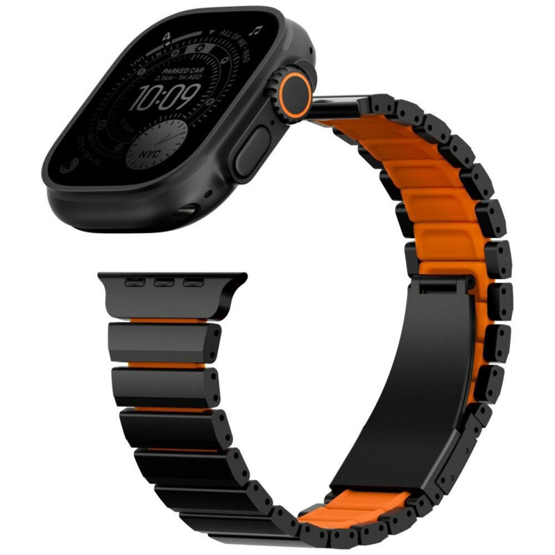 Curea Apple Watch 7 45mm din otel UNIQ Strova Flex, negru/oranj