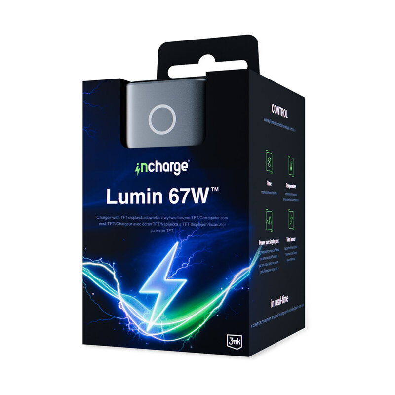 Incarcator priza cu ecran TFT 67W, 3mk incharge® Lumin, negru
