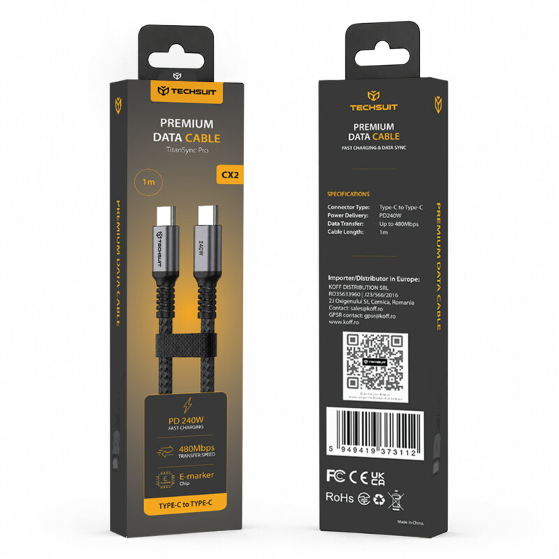 Cablu de date Type-C PD240W Techsuit TitanSync Pro CX2, 1m, gri