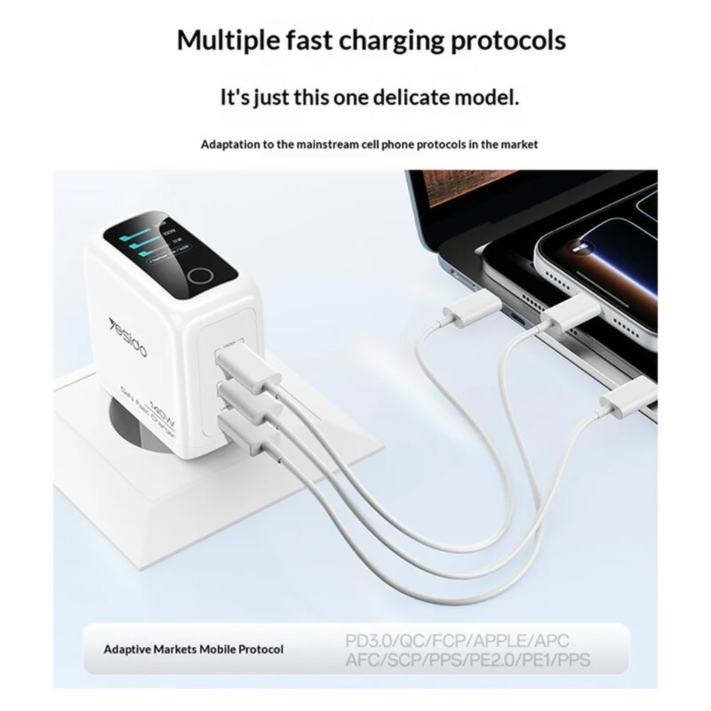 Incarcator priza USB, tip C cu ecran TFT Yesido, 140W, YC114