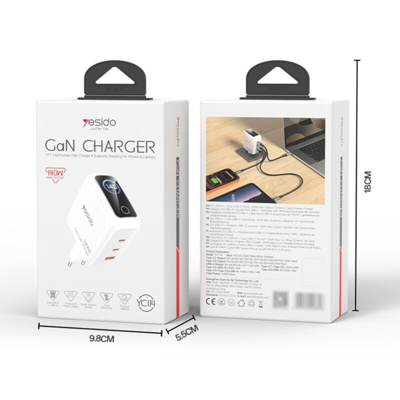 Incarcator priza USB, tip C cu ecran TFT Yesido, 140W, YC114