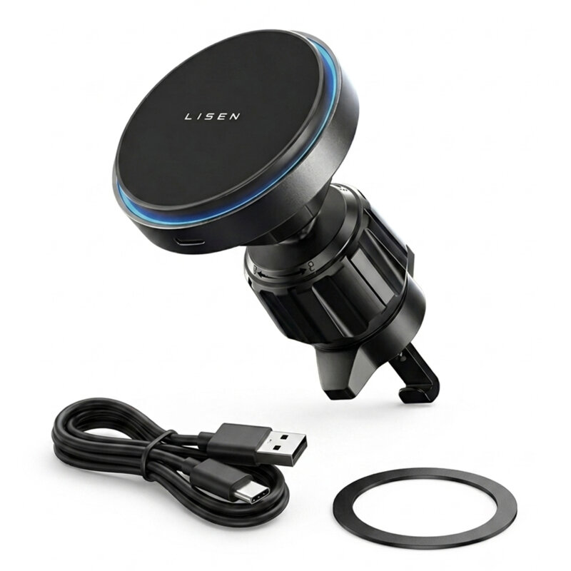 Suport telefon auto cu incarcare wireless Lisen, 15W, negru