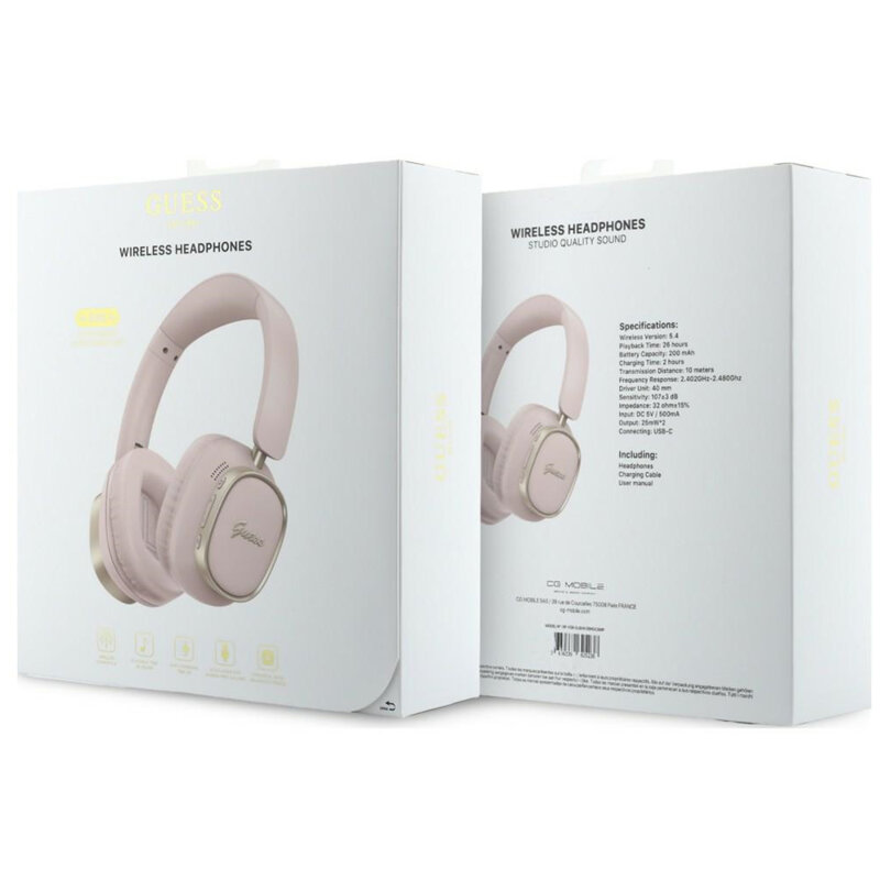 Casti Bluetooth Guess Rectangle Metal Script, roz, GUBHV28HGCSMP