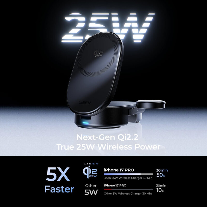 Statie de incarcare wireless 3in1 Qi2.2, 25W Lisen W121, negru