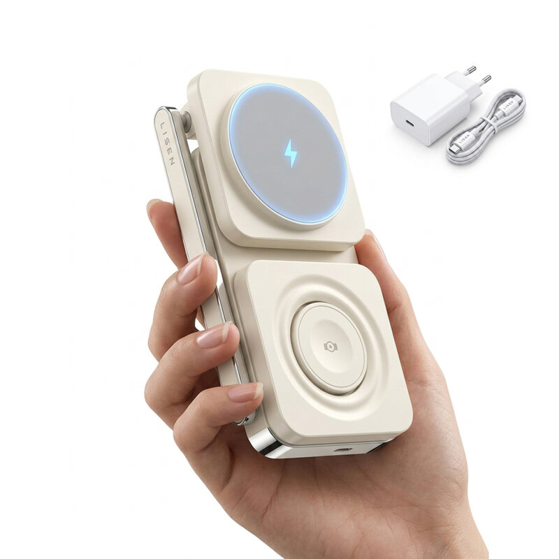 Suport birou cu incarcare wireless, pliabil, 3in1 Lisen, alb