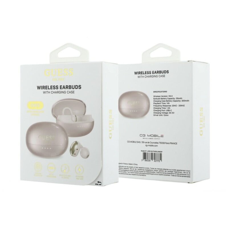 Casti wireless Bleuetooth 5.4, 300mAh Guess Metalic Finish, roz