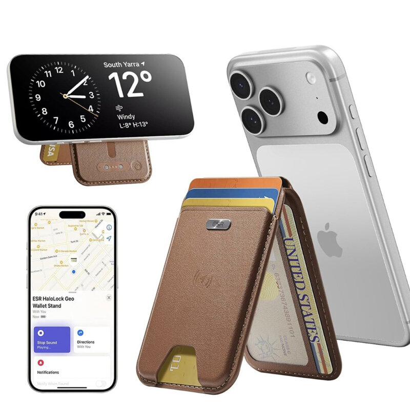 Portofel din piele eco, suport MagSafe cu RFID tech ESR Geo, maro