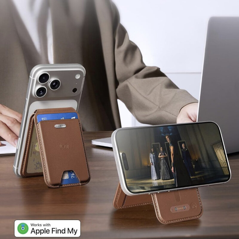 Portofel din piele eco, suport MagSafe cu RFID tech ESR Geo, maro