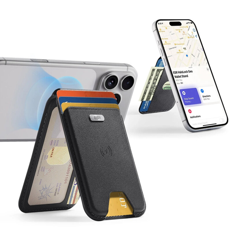 Portofel din piele eco, suport MagSafe cu RFID tech ESR Geo, negru