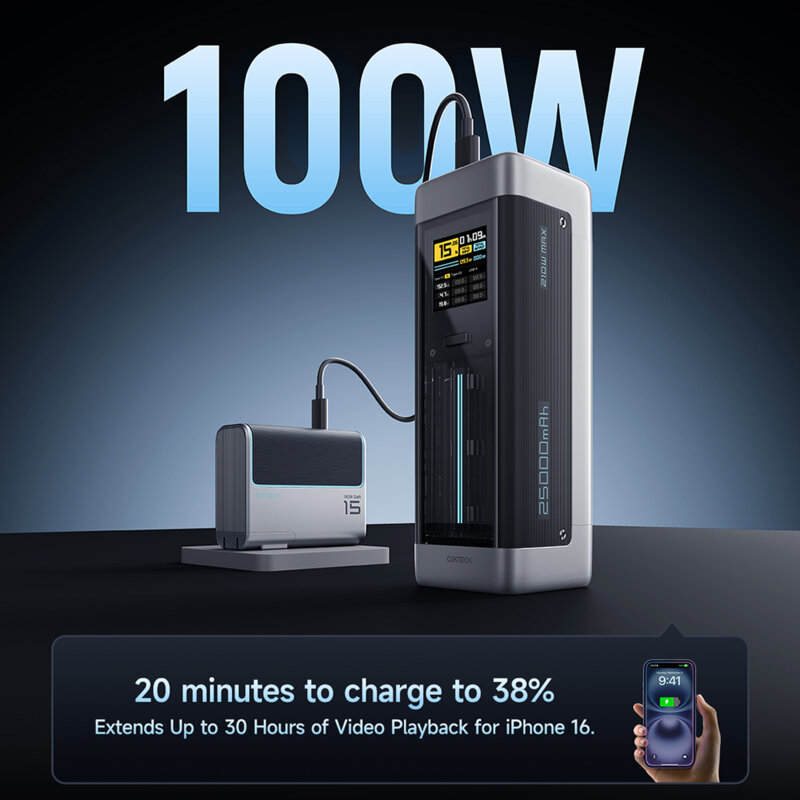 Baterie externa cu cablu USB-C 25000mAh 210W Cuktech P23, gri
