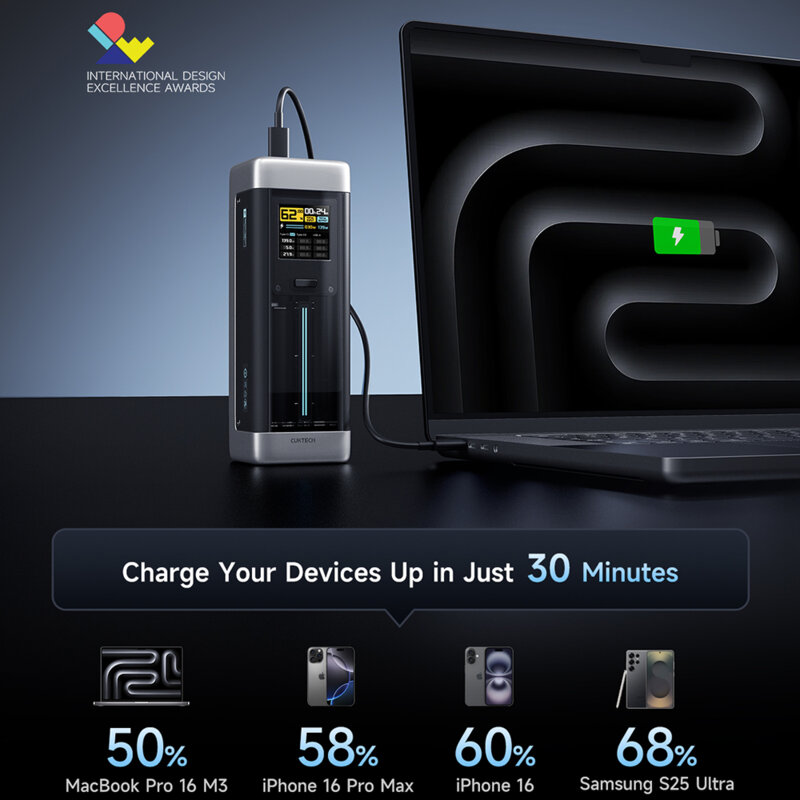 Baterie externa cu cablu USB-C 25000mAh 210W Cuktech P23, gri