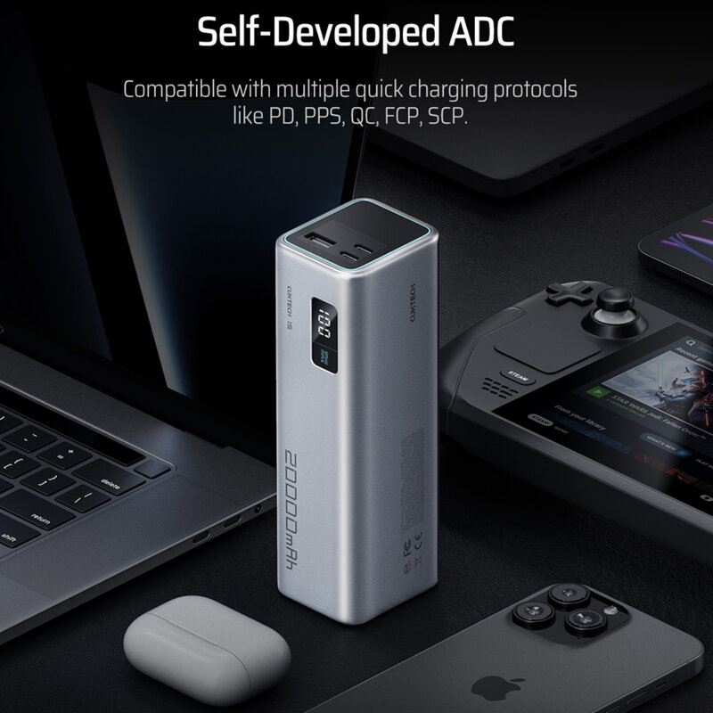 Baterie externa cu cablu USB-C 20000mAh 100W Cuktech PB200, gri